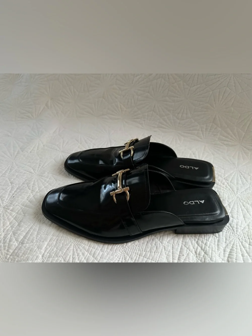 ALDO Black Patent Leather Slip-On Loafers with Gold Hardware